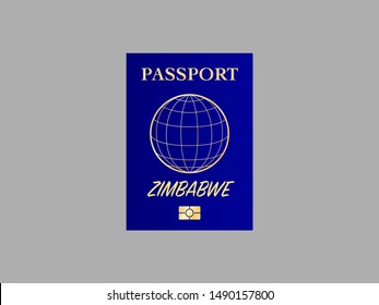 International Passport with biometric digital data chip, realistiс dark blue cover isolated on gray background, vector illustration for icon,logo, web with name of country Zimbabwe
