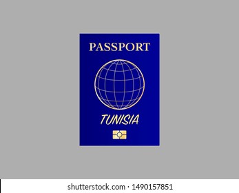 International Passport with biometric digital data chip, realistiс dark blue cover isolated on gray background, vector illustration for icon,logo, web with name of country Republic of Tunisia