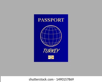 International Passport with biometric digital data chip, realistiс dark blue cover isolated on gray background, vector illustration for icon,logo. web with name of country Republic of Turkey.