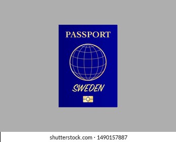 International Passport with biometric digital data chip, realistiс dark blue cover isolated on gray background, vector illustration for icon,logo, web with name of country Kingdom of Sweden