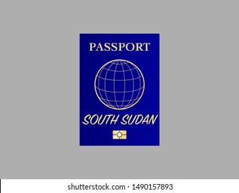 International Passport with biometric digital data chip, realistiс dark blue cover isolated on gray background, vector illustration for icon,logo, web with name of country Republic of South Sudan