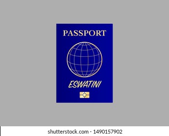 International Passport with biometric digital data chip, realistiс dark blue cover isolated on gray background, vector illustration for icon,logo, web with name of country Kingdom of Eswatini