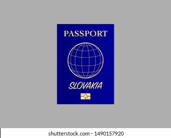 International Passport with biometric digital data chip, realistiс dark blue cover isolated on gray background, vector illustration for icon, web with name of country Slovak Republic, know as Slovakia