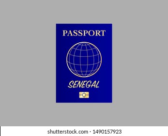 International Passport with biometric digital data chip, realistiс dark blue cover isolated on gray background, vector illustration for icon,logo, web with name of country Republic of Senegal.