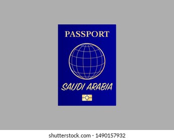 International Passport with biometric digital data chip, realistiс dark blue cover isolated on gray background, vector illustration for icon,logo, web with name of country Kingdom of Saudi Arabia