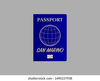 International Passport with biometric digital data chip, realistiс dark blue cover isolated on gray background, vector illustration for icon,logo, web with name of country Republic of San Marino. 