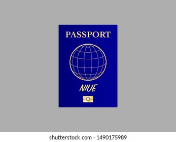 International Passport with biometric digital data chip, realistiс dark blue cover isolated on gray background, vector illustration for icon,logo, web with name of country Niue. original colors 