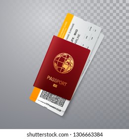 International passport with boarding passes. Vector illustration of identification document with flight tickets isolated on transparent background. Travel or business trip concept