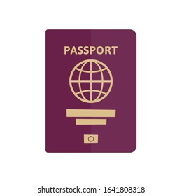 International passport cover template. Dark purple passport with golden text, closed. Vector illustration, flat design cartoon style. Isolated on white background.