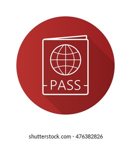 International passport flat linear long shadow icon. Travel pass with globe sign. Vector line symbol