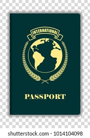 International Passport with globe map  isolated on transparent background. Mock Up Template. Vector illustration.