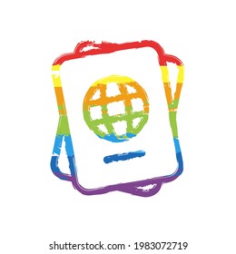 International passport, national document, simple icon. Drawing sign with LGBT style, seven colors of rainbow (red, orange, yellow, green, blue, indigo, violet