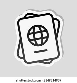 International passport, national document, simple icon. Linear sticker, white border and simple shadow on gray background