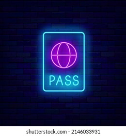 International passport neon icon. Citizen document. Season vacation. Travel and journey. Night bright signboard. Outer glowing effect banner. Editable stroke. Vector stock illustration