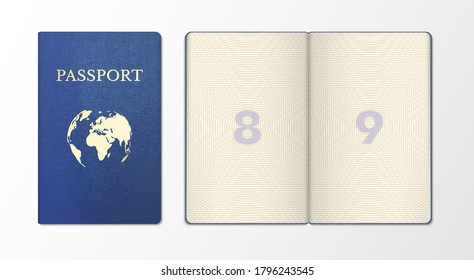 International passport realistic template, sample. Front side, blue cover. Page of document, certifying identity, nationality of holder, purpose of international travel. Vector passport set on white.