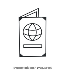 International passport in simple black and white doodle style isolated on white background. Vector hand drawn doodle illustration.