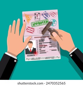 International passport and stamp in hand. Visa stamping. Passport or visa application. Travel immigration stamp. Vector illustration in flat style