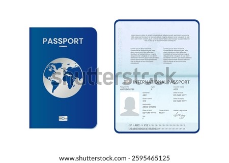 International Passport Template with Sample ID Page for Man and Woman, Blue Cover, Realistic Set