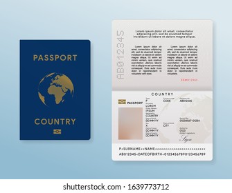 International passport template. Traveler id card mock up. Personal data document. Foreigner pass. Realistic identity page. Vector illustration.