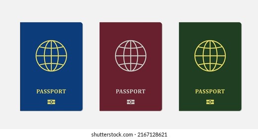 International passport templates on isolated background. E-passports with red, blue and green cover. Vector illustration