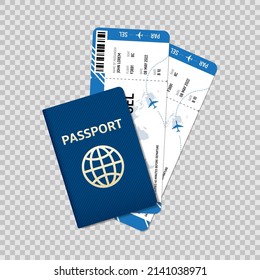 Internationaler Pass und Flugtickets. Vektorgrafik mit realistischen internationalen Reisepässen und Flugtickets. 3D-realistische Vektorobjekte einzeln auf karriertem Hintergrund.