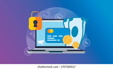 International Pay Online. Vector Flat Horizontal Illustration on Blue Background. Foreground Credit Card with Cash and Gold Coins with Dollar Sign. Laptop on Background Blue Planet.