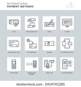 International payment methods, transactions and digital wallet icon set, one color