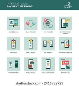 International payment methods, transactions and digital wallet icon set