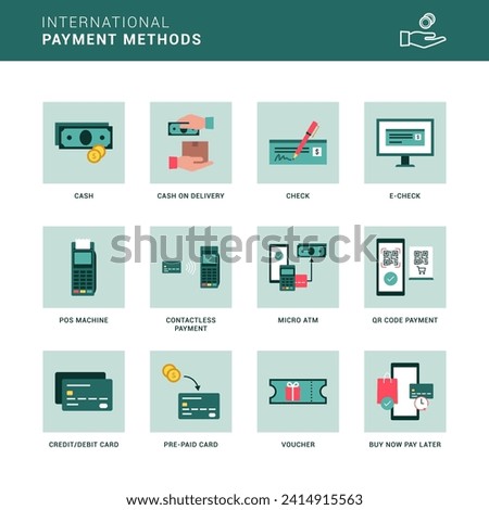 International payment methods, transactions and digital wallet icon set