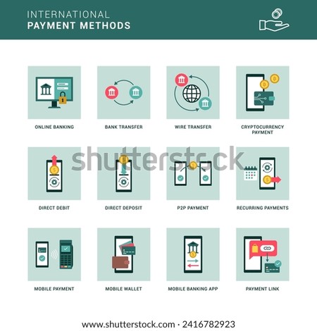 International payment methods, transactions and digital wallet icon set