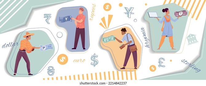 International payments collage with finance symbols flat vector illustration