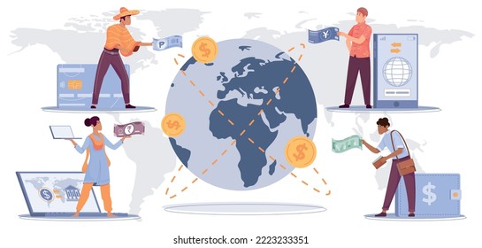 International payments concept with finance symbols flat vector illustration