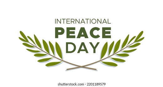 International Peace Day. 21 September. Two olive branches around the text. Horizontal banner. Vector illustration, flat design