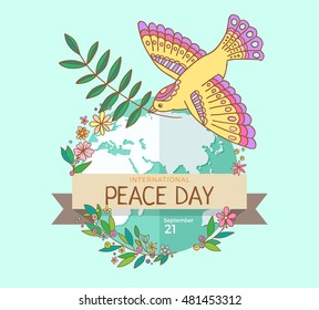 International Peace Day. 21 september. Peace dove with olive branch over the planet overgrown flowers. Hand drawn. Vector Illustration.