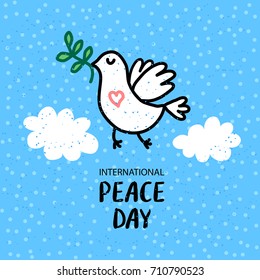International Peace Day 21 september card with cute dove and olive branch