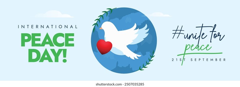 International Peace Day background, cover banner, post. 19th September Peace day celebration banner with silhouette white dove. The day aims to build a more peaceful world for everyone who lives in it