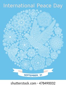 International Peace Day background with ornate birds and flowers. Round shape. Vector illustration.