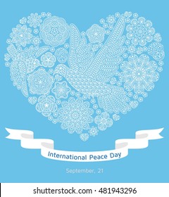 International Peace Day background with ornate birds and flowers. Heart shape. Vector illustration.