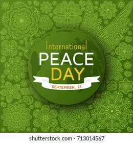 International Peace Day background with ornate birds and flowers. Vector illustration. 
