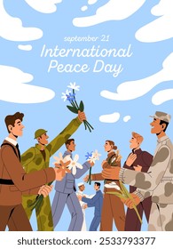 International Peace Day card design. Postcard template with concept of stop, against war. Soldiers in uniform congratulate with finish conflict, celebrate unity, agreement. Flat vector illustration