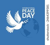 International Peace Day card. A dove with an olive branch in its beak on the Earth globe background, flat vector illustration