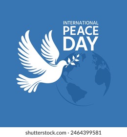 International Peace Day card. A dove with an olive branch in its beak on the Earth globe background, flat vector illustration