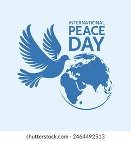 International Peace Day card. Dove of peace and Earth globe on a pastel blue background, flat vector illustration