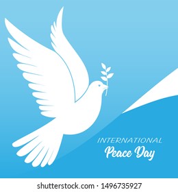 International Peace Day Card, Flayer or Banner. Lettering with dove and olive branch. Vector illustration