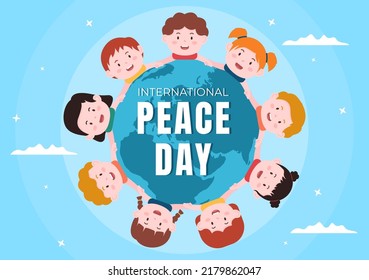 International Peace Day Cartoon Illustration with Hands, Cute Children, Globe and Blue Sky to Create Prosperous in the World in Flat Style Design
