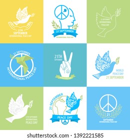 International peace day collection. Set include Dove with olive branch, eath and ather peace day symbol. Vector Illustration