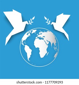 International peace day concept with dove, paper cut background.