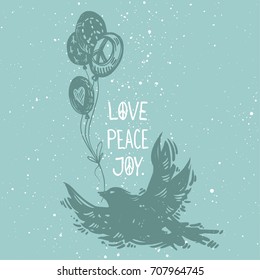 International peace day concept  poster with flying bird and balloons. Linocut style creative print, love joy lettering. 