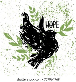 International peace day concept  poster with flying bird, florals and branches. Linocut style creative print. Hope lettering.