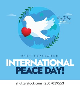 International Peace Day Conceptual vector design. 21st September Peace day celebration banner with a flying dove carrying heart. The day aims to build a more peaceful world for everyone.